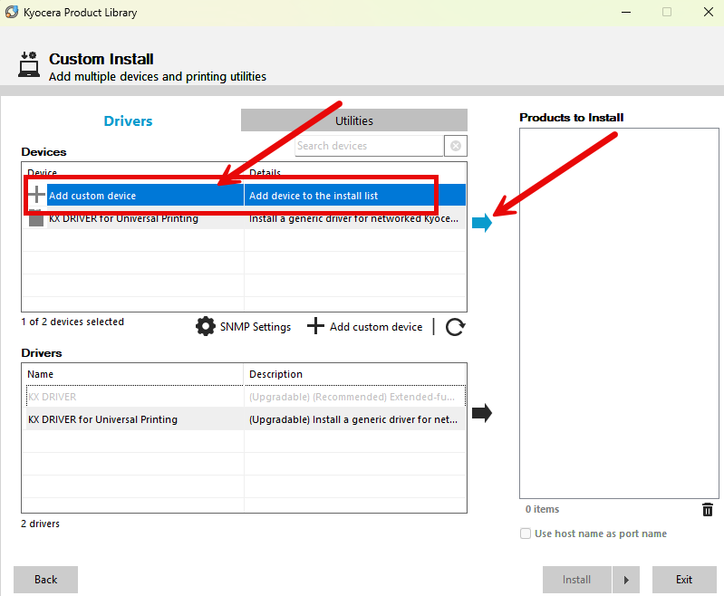 Install Kyocera KX print driver on a Windows device - Custom install