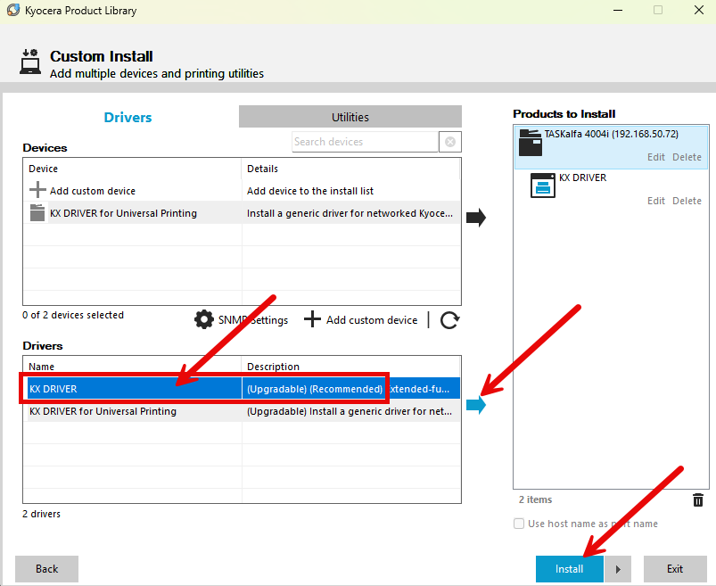 Install Kyocera KX print driver on a Windows device - Custom install